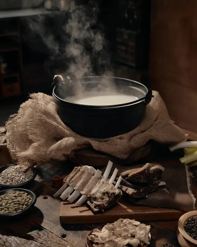 김이 피어오르는 무쇠 솥과 흑염소 갈비, 한약재가 놓인 나무 도마
