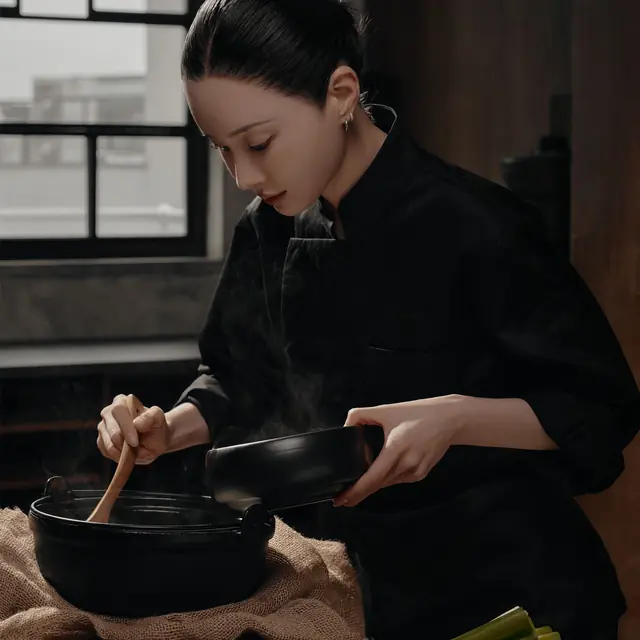 무쇠 솥의 흑염소 국물을 저어 달이는 금조온 셰프